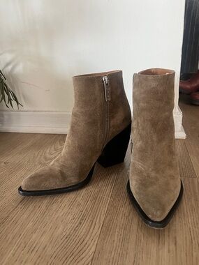 Chloe Taupe Suede Pointed Ankle Boots with Block Heel
